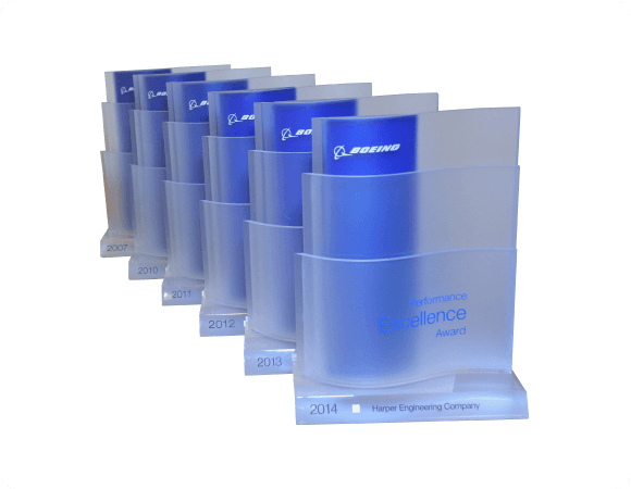 Performance Excellence Award presented for 6 different years to Harper Engineering Co. by The Boeing Company.