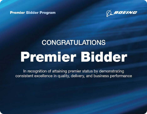 
							Boeing's Premier Bidder status presented to Harper Engineering Co.
							by The Boeing Company for consistent excellency.
						
